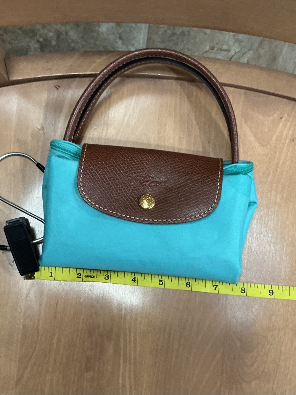 Longchamp Turquoise Nylon Le Pliage Tote with Brown Leather Trim - Picture 13 of 14